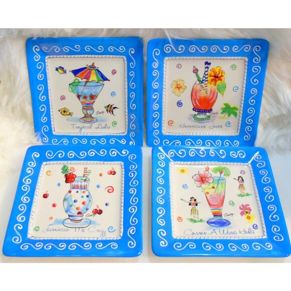 Set (4) ORMSBY Happy Hour TROPICAL PLATES Ceramic Hawaii Jamaica Hurricane Drink - Picture 7 of 10